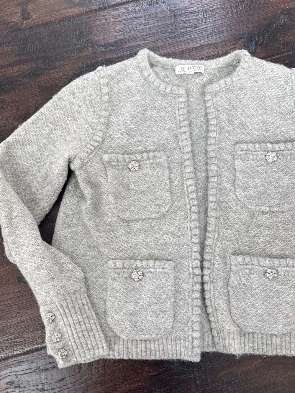 J. Crew Light Gray Knit Cardigan with Rhinestone Buttons